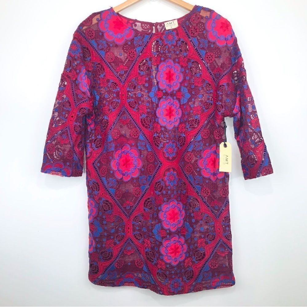 AMT NEW Deep Red Crochet Floral Mini Sheath Dress